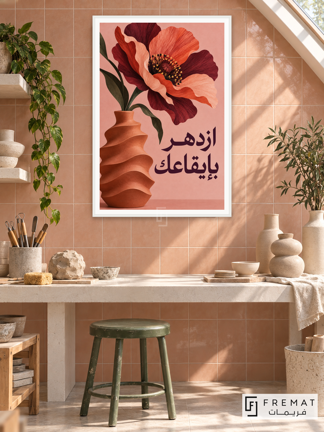 Bloom at Your Rhythm (quo13), Arabic quote artwork in a slim satin white PVC frame with a white printed border. Ceramics studio.