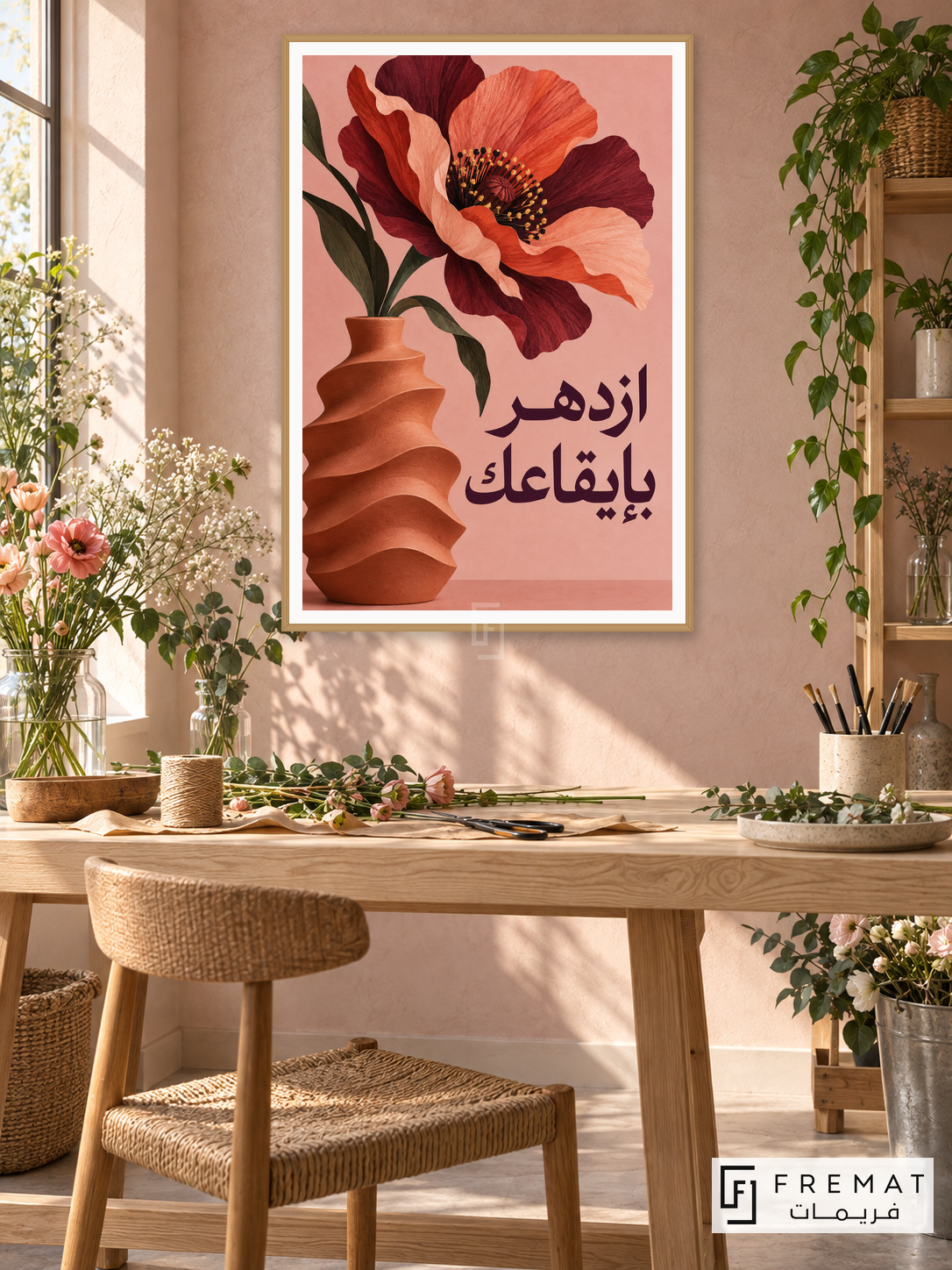 Bloom at Your Rhythm (quo13), Arabic quote artwork in a slim light wood-grain PVC frame with a white printed border. Floral design workshop.