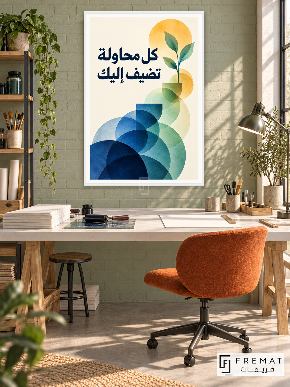 Every Attempt Adds (quo14), Arabic quote artwork in a slim satin white PVC frame with a white printed border. Printmaking workshop.