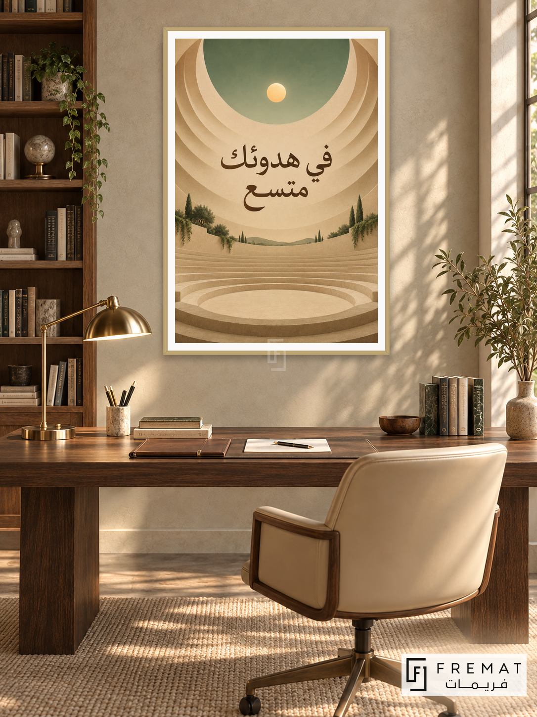 Room for Calm (quo15), Arabic quote artwork in a slim champagne gold PVC frame with a white printed border. Quiet research library.