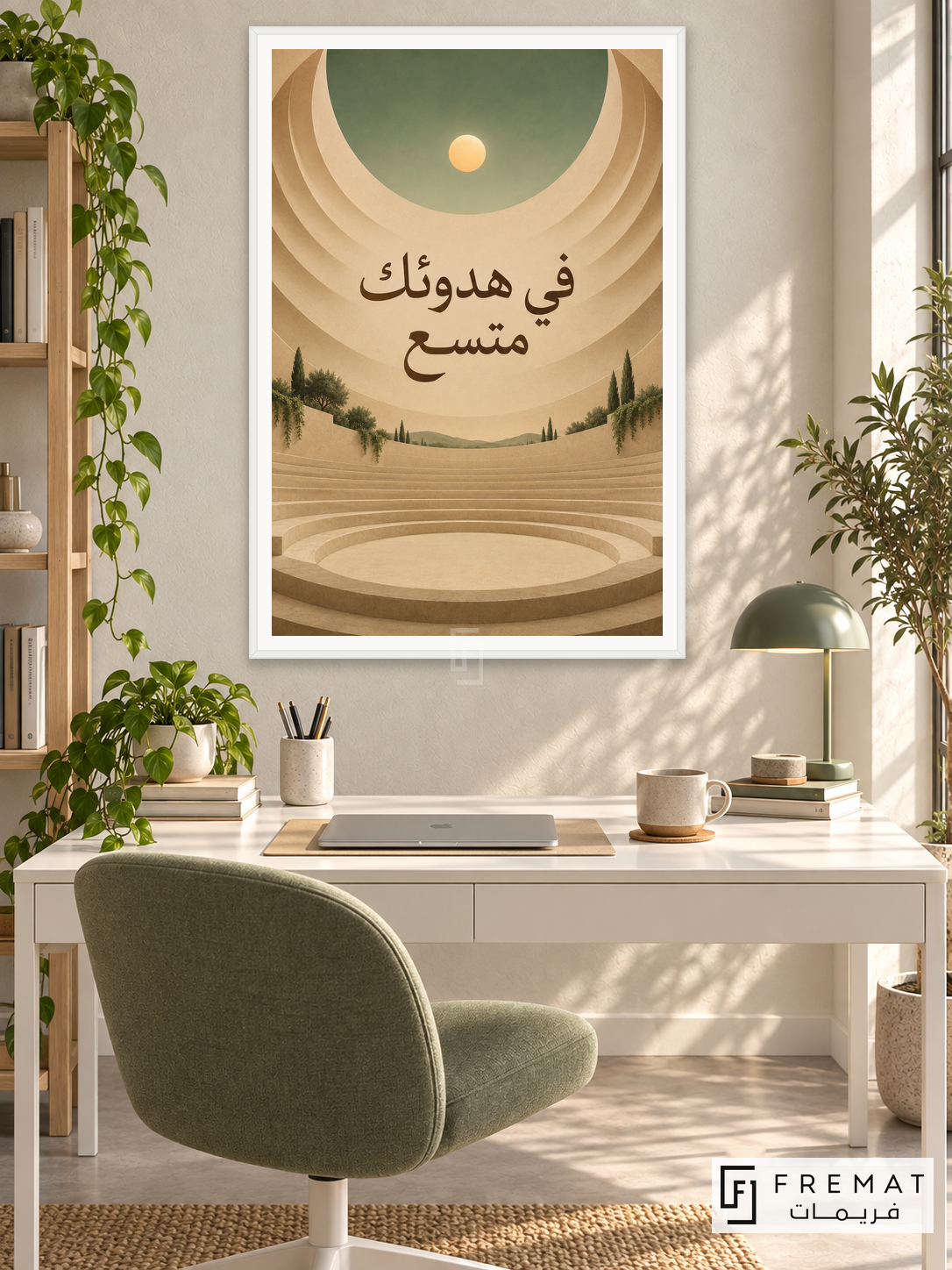 Room for Calm (quo15), Arabic quote artwork in a slim satin white PVC frame with a white printed border. Mindful work corner.