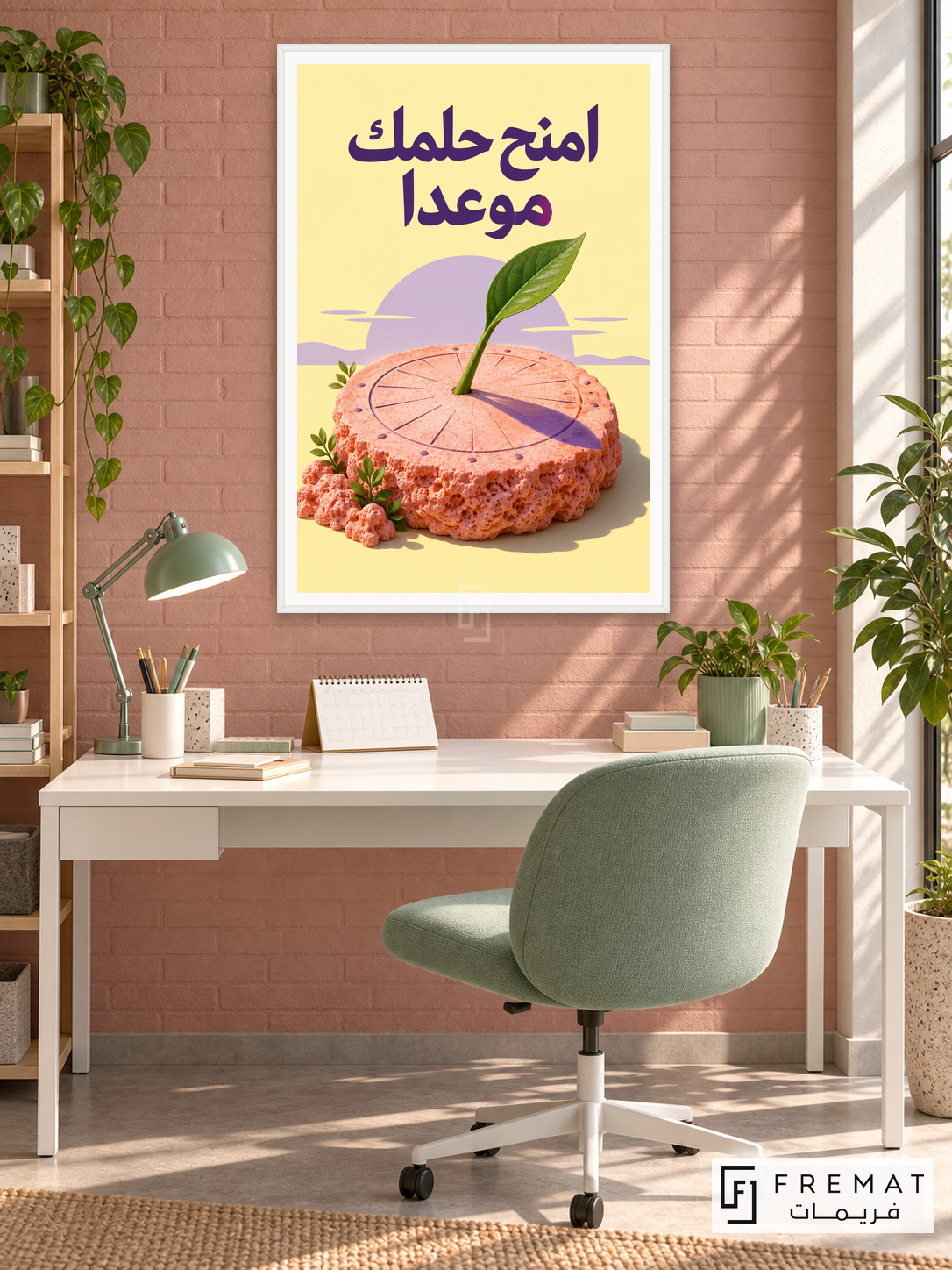 Give Dreams a Date (quo16), Arabic quote artwork in a slim satin white PVC frame with a white printed border. Creative scheduling nook.