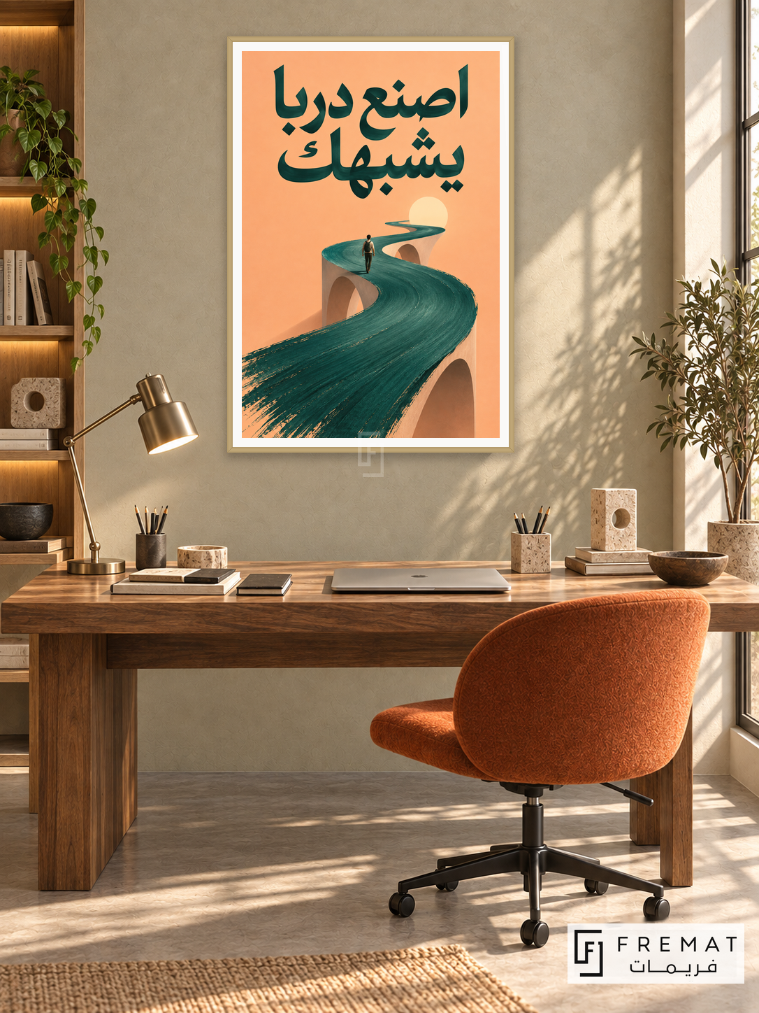 A Path Like You (quo17), Arabic quote artwork in a slim champagne gold PVC frame with a white printed border. Craft founder office.