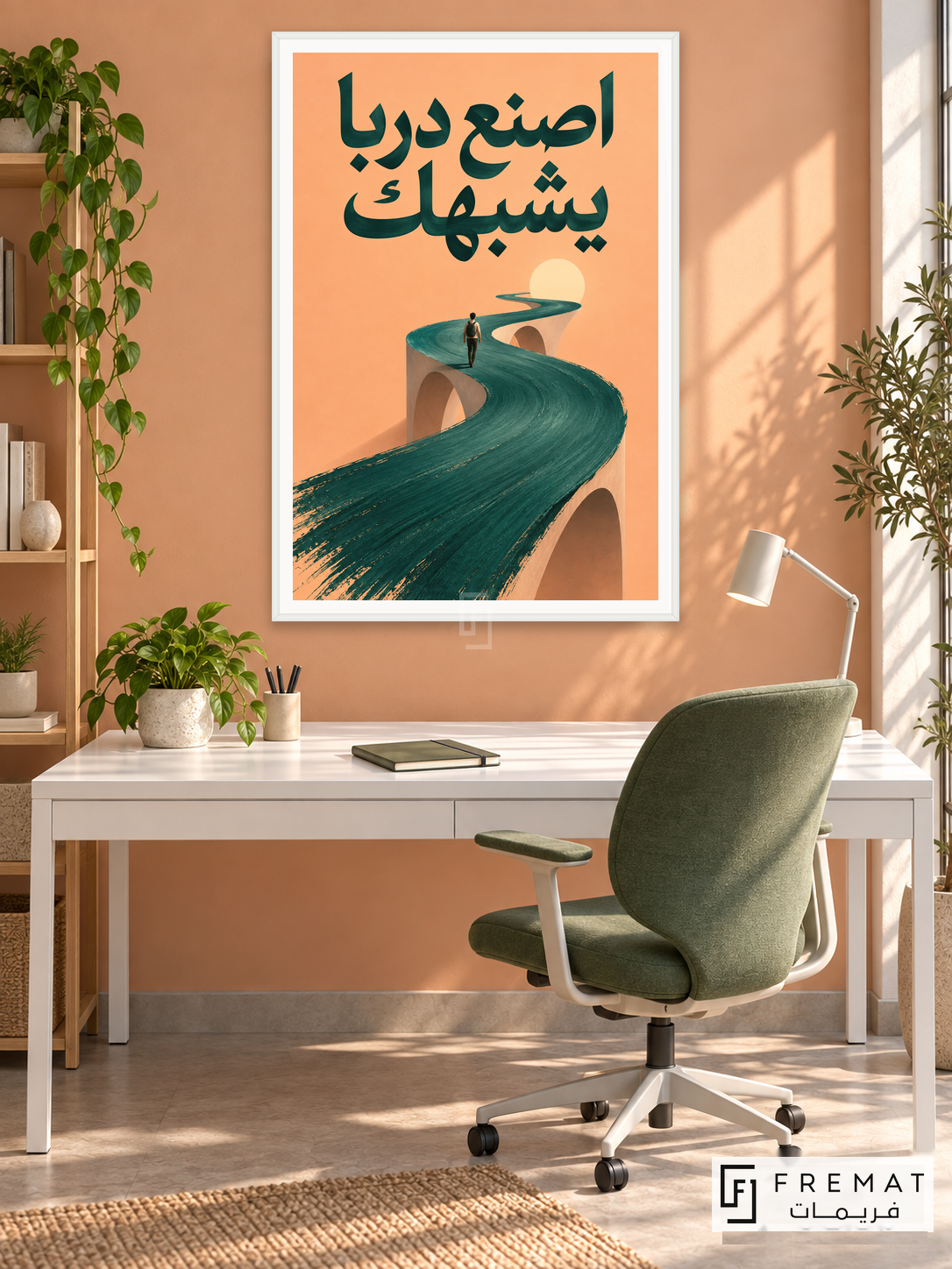 A Path Like You (quo17), Arabic quote artwork in a slim satin white PVC frame with a white printed border. Freelancer studio.