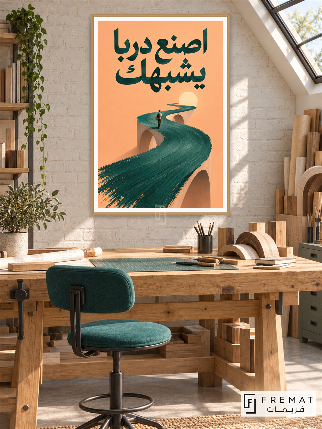 A Path Like You (quo17), Arabic quote artwork in a slim light wood-grain PVC frame with a white printed border. Furniture designer workshop.