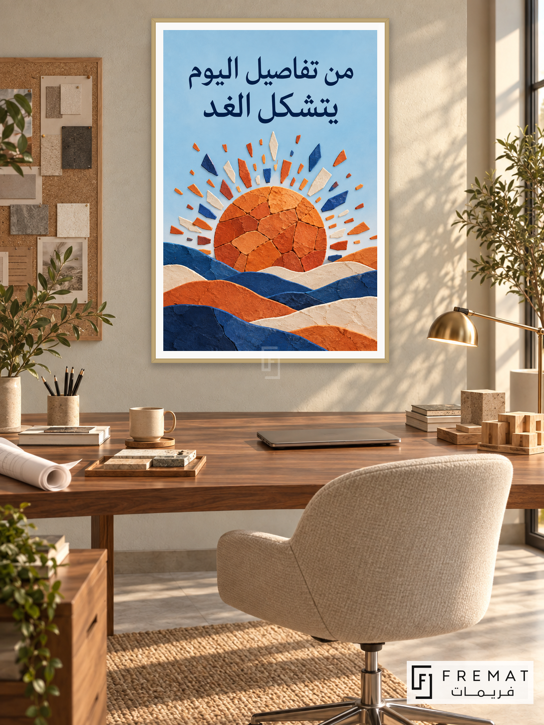 Details of Tomorrow (quo18), Arabic quote artwork in a slim champagne gold PVC frame with a white printed border. Planning and design office.