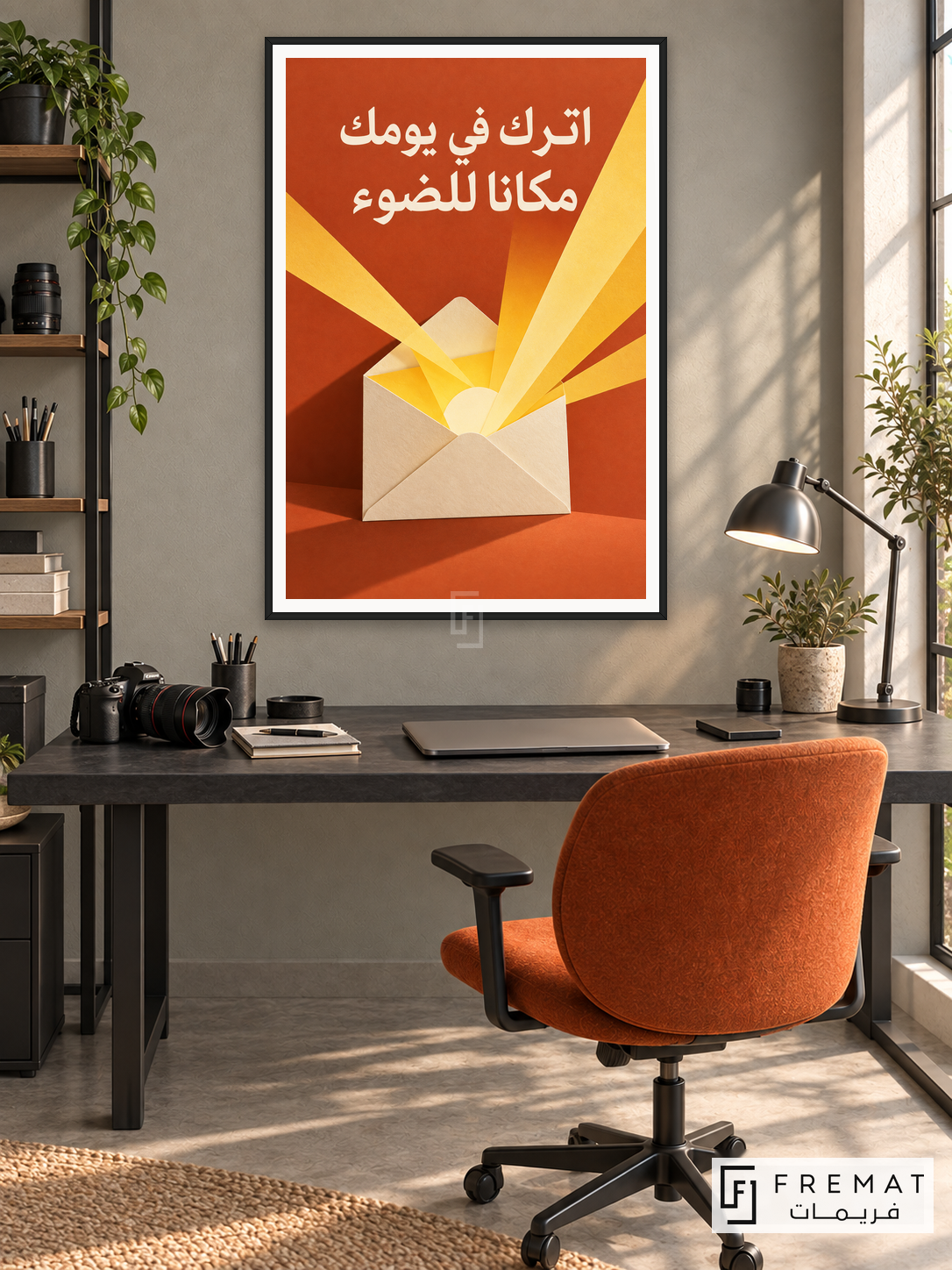 Leave Room for Light (quo19), Arabic quote artwork in a slim matte black PVC frame with a white printed border. Photography editing studio.