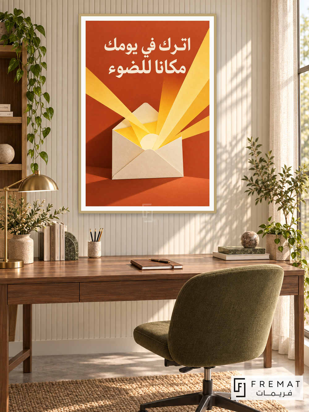 Leave Room for Light (quo19), Arabic quote artwork in a slim champagne gold PVC frame with a white printed border. Writer sunroom workspace.