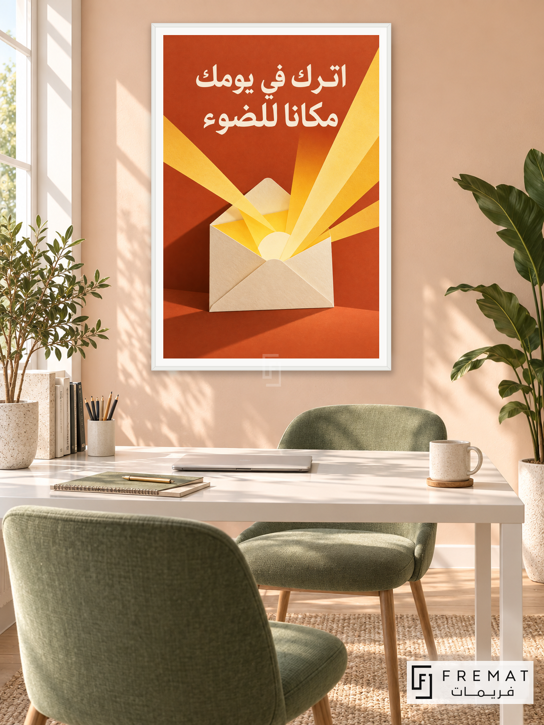 Leave Room for Light (quo19), Arabic quote artwork in a slim satin white PVC frame with a white printed border. Bright shared work nook.