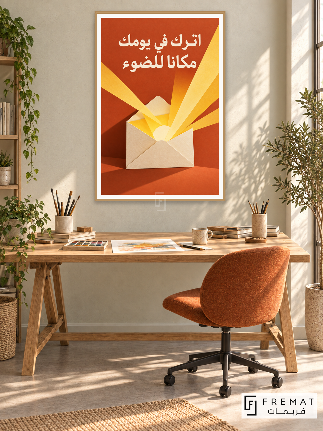 Leave Room for Light (quo19), Arabic quote artwork in a slim light wood-grain PVC frame with a white printed border. Daylit illustrator office.