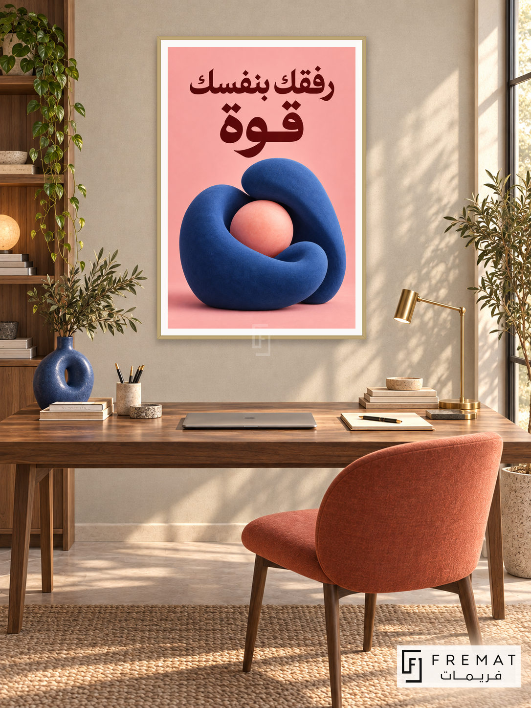 Kindness Is Strength (quo20), Arabic quote artwork in a slim champagne gold PVC frame with a white printed border. Compassionate leadership office.