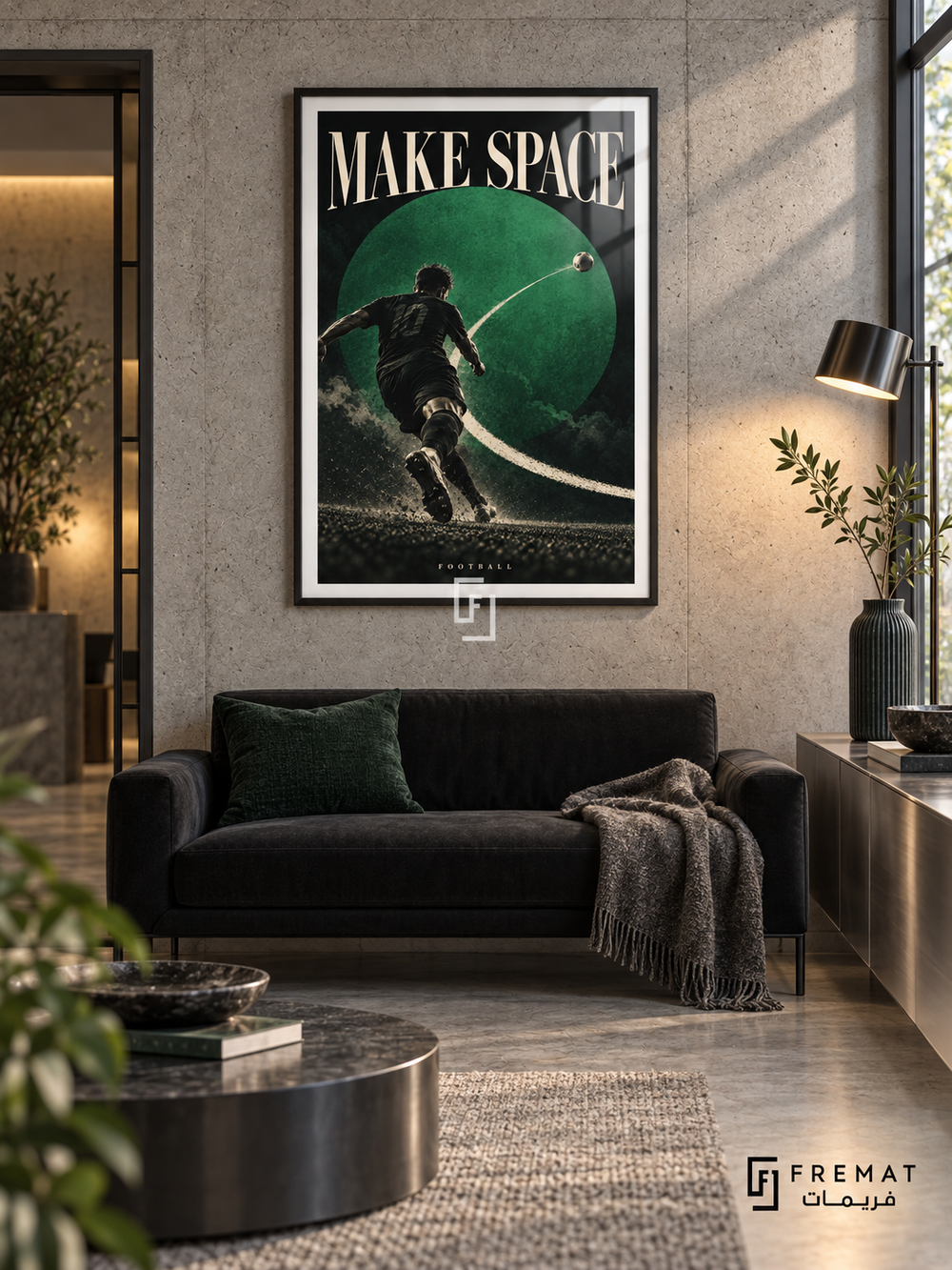 Make Space: A footballer strikes a ball across sweeping cream lines and an emerald circle on a dark, grainy background. Black frame with a white printed border, displayed in a styled room.