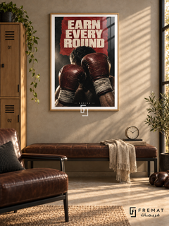 Earn Every Round: Raised oxblood boxing gloves and wrapped wrists emerge from a charcoal and red collage under hard cream light. Wooden Texture frame with a white printed border, displayed in a styled room.