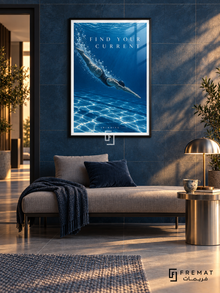 Find Your Current: A swimmer glides through deep cobalt water with a trail of bubbles and shimmering silver light. Black frame with a white printed border, displayed in a styled room.