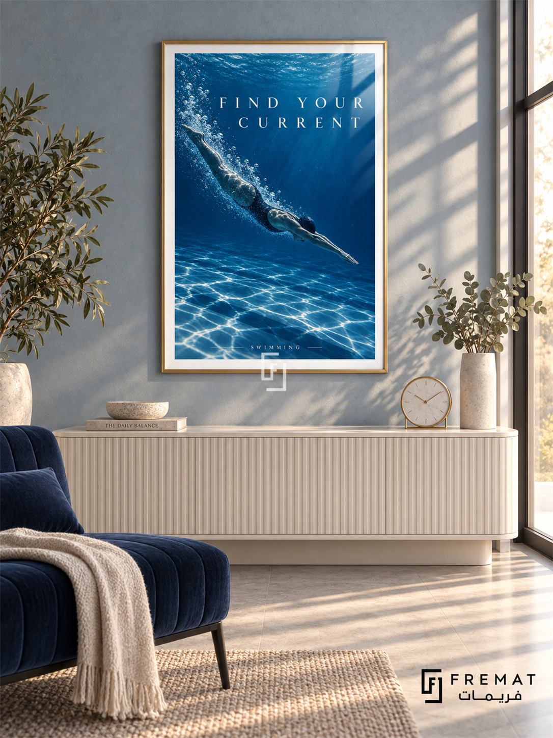 Find Your Current: A swimmer glides through deep cobalt water with a trail of bubbles and shimmering silver light. Gold frame with a white printed border, displayed in a styled room.