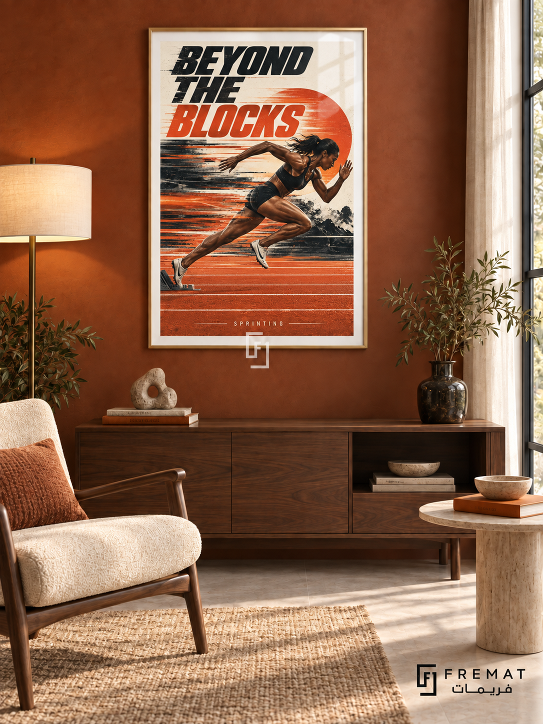 Beyond The Blocks: A sprinter drives forward from the starting blocks across orange track graphics and streaks of motion. Gold frame with a white printed border, displayed in a styled room.