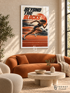 Beyond The Blocks: A sprinter drives forward from the starting blocks across orange track graphics and streaks of motion. White frame with a white printed border, displayed in a styled room.