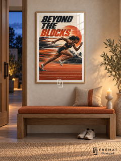 Beyond The Blocks: A sprinter drives forward from the starting blocks across orange track graphics and streaks of motion. Wooden Texture frame with a white printed border, displayed in a styled room.