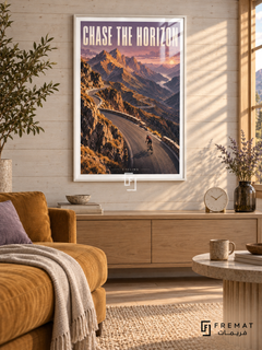 Chase The Horizon: A cyclist follows a winding mountain road through ochre peaks and lavender sky in a textured landscape illustration. White frame with a white printed border, displayed in a styled room.