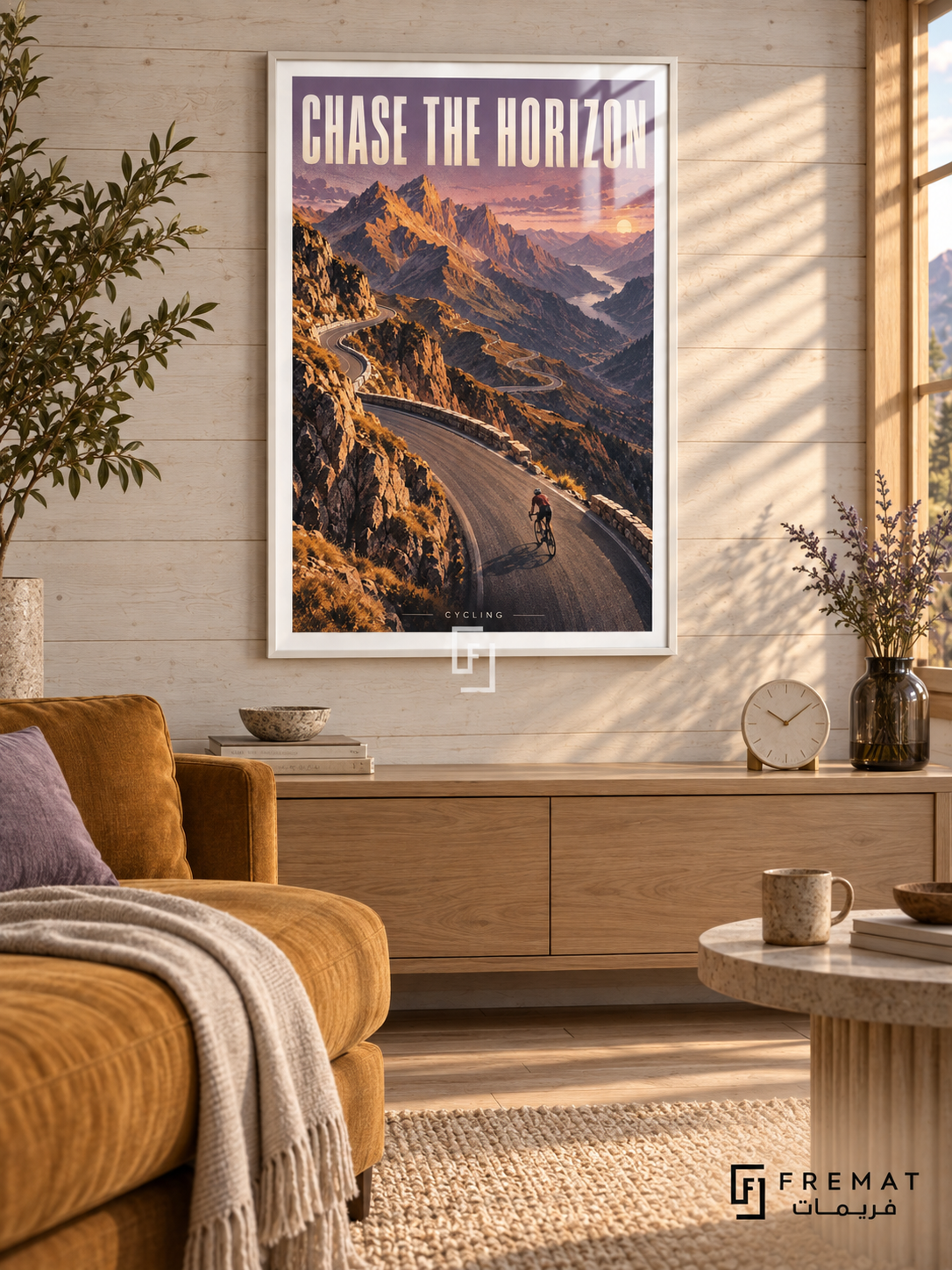 Chase The Horizon: A cyclist follows a winding mountain road through ochre peaks and lavender sky in a textured landscape illustration. White frame with a white printed border, displayed in a styled room.