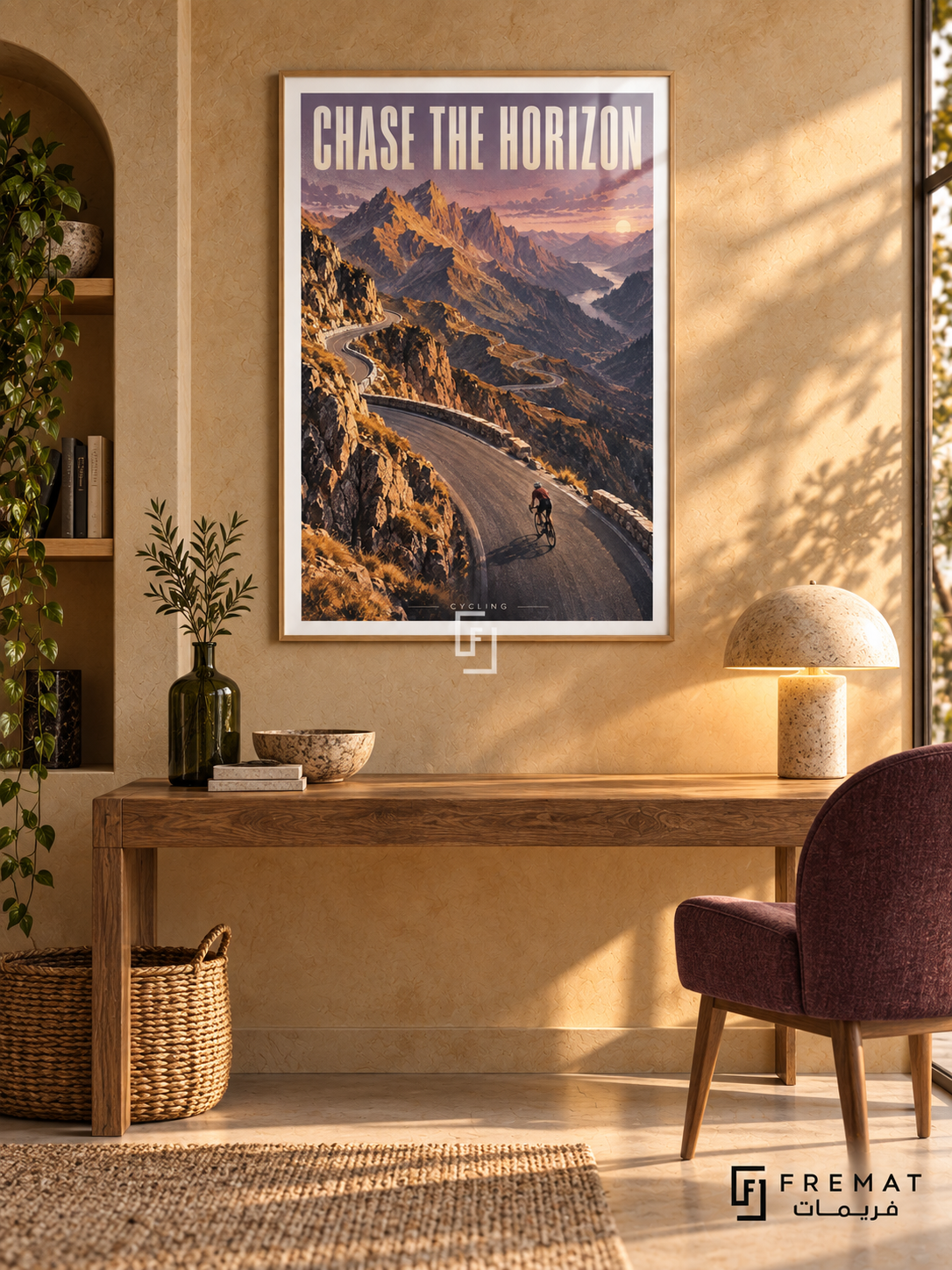 Chase The Horizon: A cyclist follows a winding mountain road through ochre peaks and lavender sky in a textured landscape illustration. Wooden Texture frame with a white printed border, displayed in a styled room.