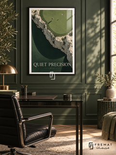 Quiet Precision: A small golfer and flag sit on a sage-green putting surface framed by pale rock and a sweeping dark shadow. Black frame with a white printed border, displayed in a styled room.
