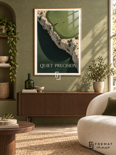Quiet Precision: A small golfer and flag sit on a sage-green putting surface framed by pale rock and a sweeping dark shadow. Gold frame with a white printed border, displayed in a styled room.