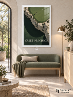 Quiet Precision: A small golfer and flag sit on a sage-green putting surface framed by pale rock and a sweeping dark shadow. White frame with a white printed border, displayed in a styled room.