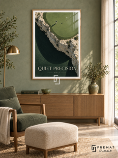 Quiet Precision: A small golfer and flag sit on a sage-green putting surface framed by pale rock and a sweeping dark shadow. Wooden Texture frame with a white printed border, displayed in a styled room.