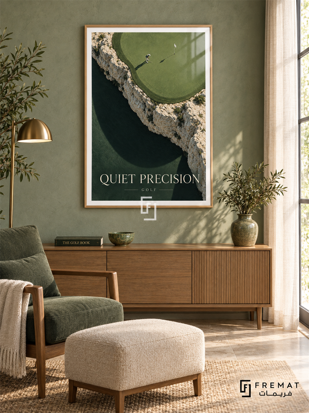 Quiet Precision: A small golfer and flag sit on a sage-green putting surface framed by pale rock and a sweeping dark shadow. Wooden Texture frame with a white printed border, displayed in a styled room.