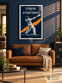 Timing Is Everything: A cricket batter follows through against an indigo field, with a saffron diagonal and pale motion accents. Black frame with a white printed border, displayed in a styled room.