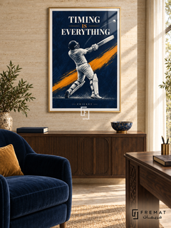 Timing Is Everything: A cricket batter follows through against an indigo field, with a saffron diagonal and pale motion accents. Gold frame with a white printed border, displayed in a styled room.