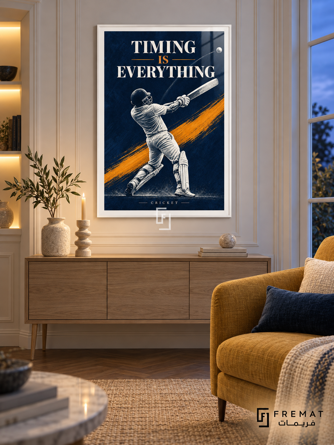 Timing Is Everything: A cricket batter follows through against an indigo field, with a saffron diagonal and pale motion accents. White frame with a white printed border, displayed in a styled room.