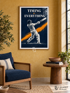 Timing Is Everything: A cricket batter follows through against an indigo field, with a saffron diagonal and pale motion accents. Wooden Texture frame with a white printed border, displayed in a styled room.
