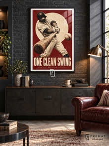 One Clean Swing: A baseball batter swings across an oxblood and cream composition with a large offset circle and print-like grain. Black frame with a white printed border, displayed in a styled room.