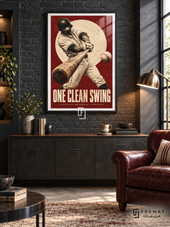 One Clean Swing: A baseball batter swings across an oxblood and cream composition with a large offset circle and print-like grain. Black frame with a white printed border, displayed in a styled room.