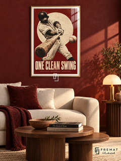 One Clean Swing: A baseball batter swings across an oxblood and cream composition with a large offset circle and print-like grain. Gold frame with a white printed border, displayed in a styled room.