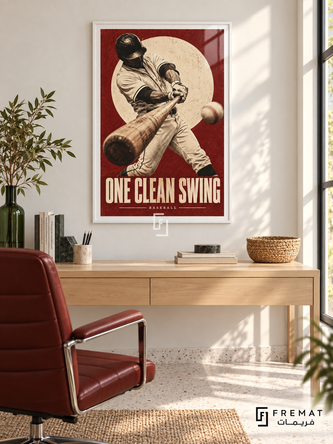 One Clean Swing: A baseball batter swings across an oxblood and cream composition with a large offset circle and print-like grain. White frame with a white printed border, displayed in a styled room.