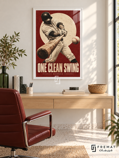 One Clean Swing: A baseball batter swings across an oxblood and cream composition with a large offset circle and print-like grain. White frame with a white printed border, displayed in a styled room.