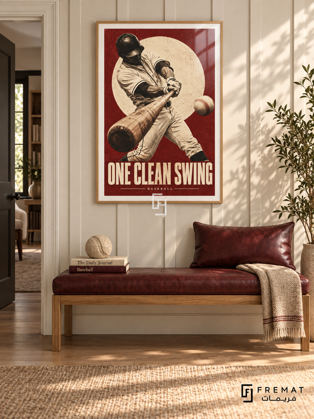 One Clean Swing: A baseball batter swings across an oxblood and cream composition with a large offset circle and print-like grain. Wooden Texture frame with a white printed border, displayed in a styled room.