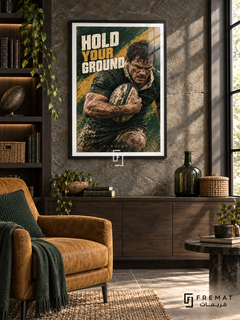 Hold Your Ground: A rugby player grips an oval ball in a forest-green and ochre composition with rugged painted texture. Black frame with a white printed border, displayed in a styled room.