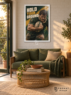 Hold Your Ground: A rugby player grips an oval ball in a forest-green and ochre composition with rugged painted texture. White frame with a white printed border, displayed in a styled room.