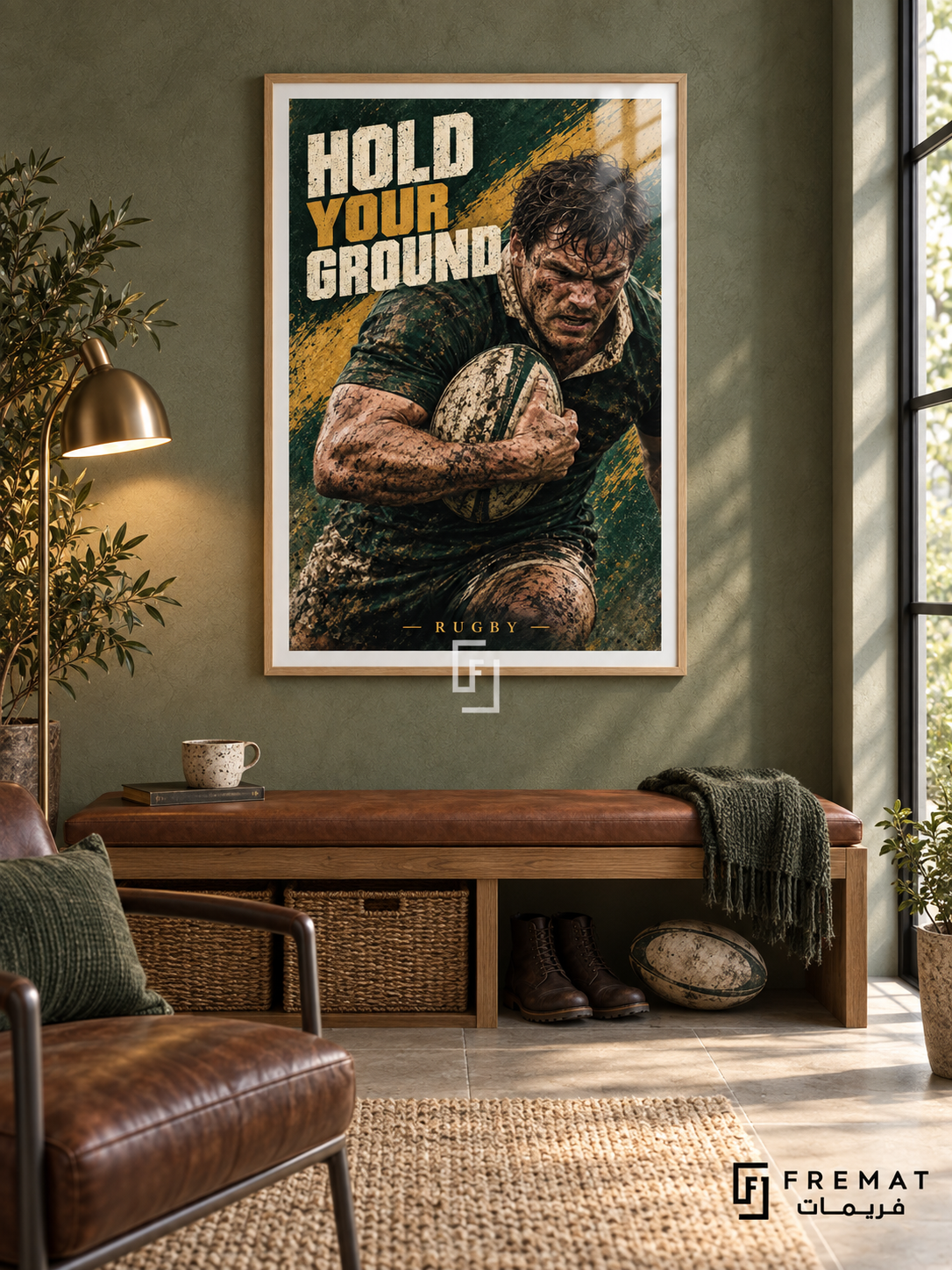 Hold Your Ground: A rugby player grips an oval ball in a forest-green and ochre composition with rugged painted texture. Wooden Texture frame with a white printed border, displayed in a styled room.