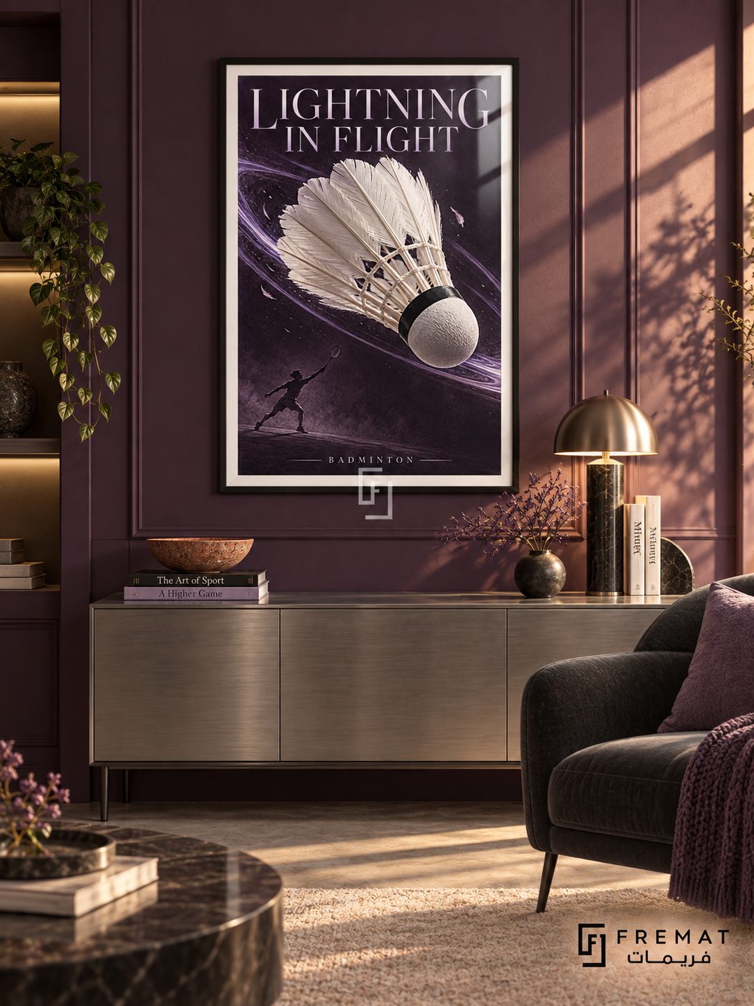 Lightning In Flight: A large white shuttlecock crosses a plum field with lavender motion ribbons and a small racket-player figure. Black frame with a white printed border, displayed in a styled room.