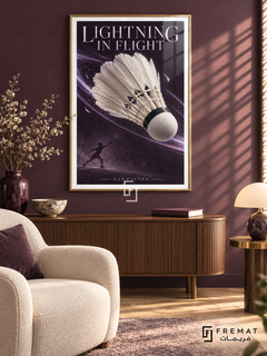 Lightning In Flight: A large white shuttlecock crosses a plum field with lavender motion ribbons and a small racket-player figure. Gold frame with a white printed border, displayed in a styled room.