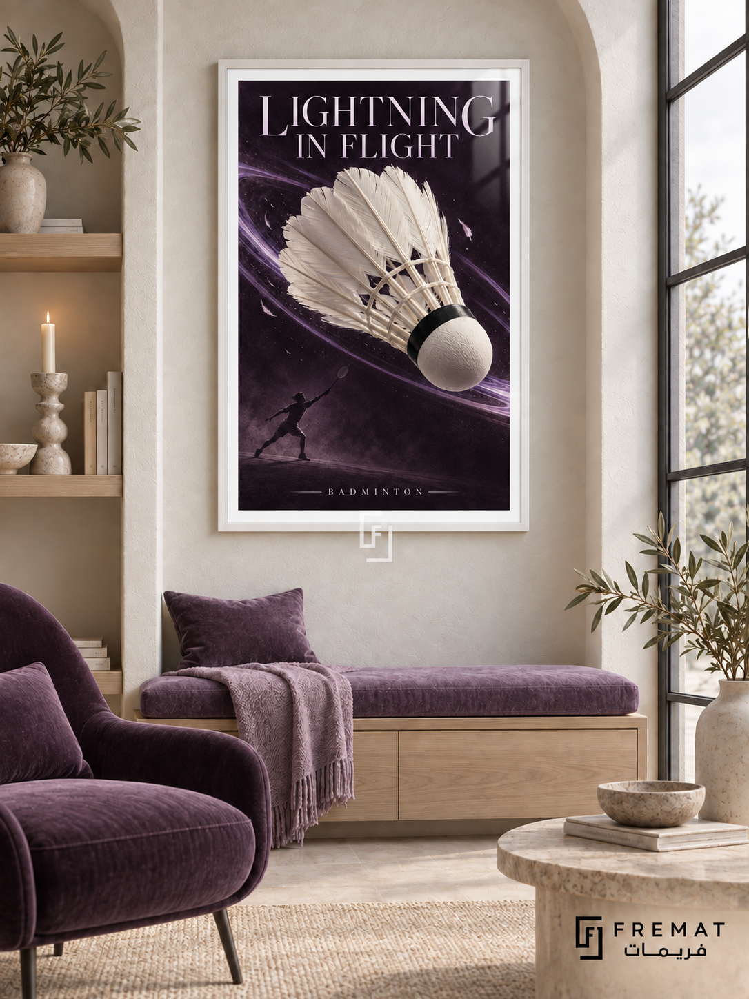 Lightning In Flight: A large white shuttlecock crosses a plum field with lavender motion ribbons and a small racket-player figure. White frame with a white printed border, displayed in a styled room.