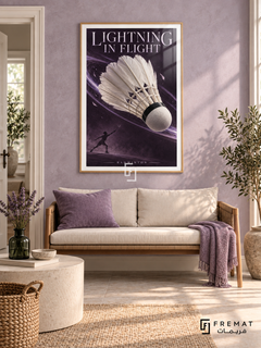Lightning In Flight: A large white shuttlecock crosses a plum field with lavender motion ribbons and a small racket-player figure. Wooden Texture frame with a white printed border, displayed in a styled room.