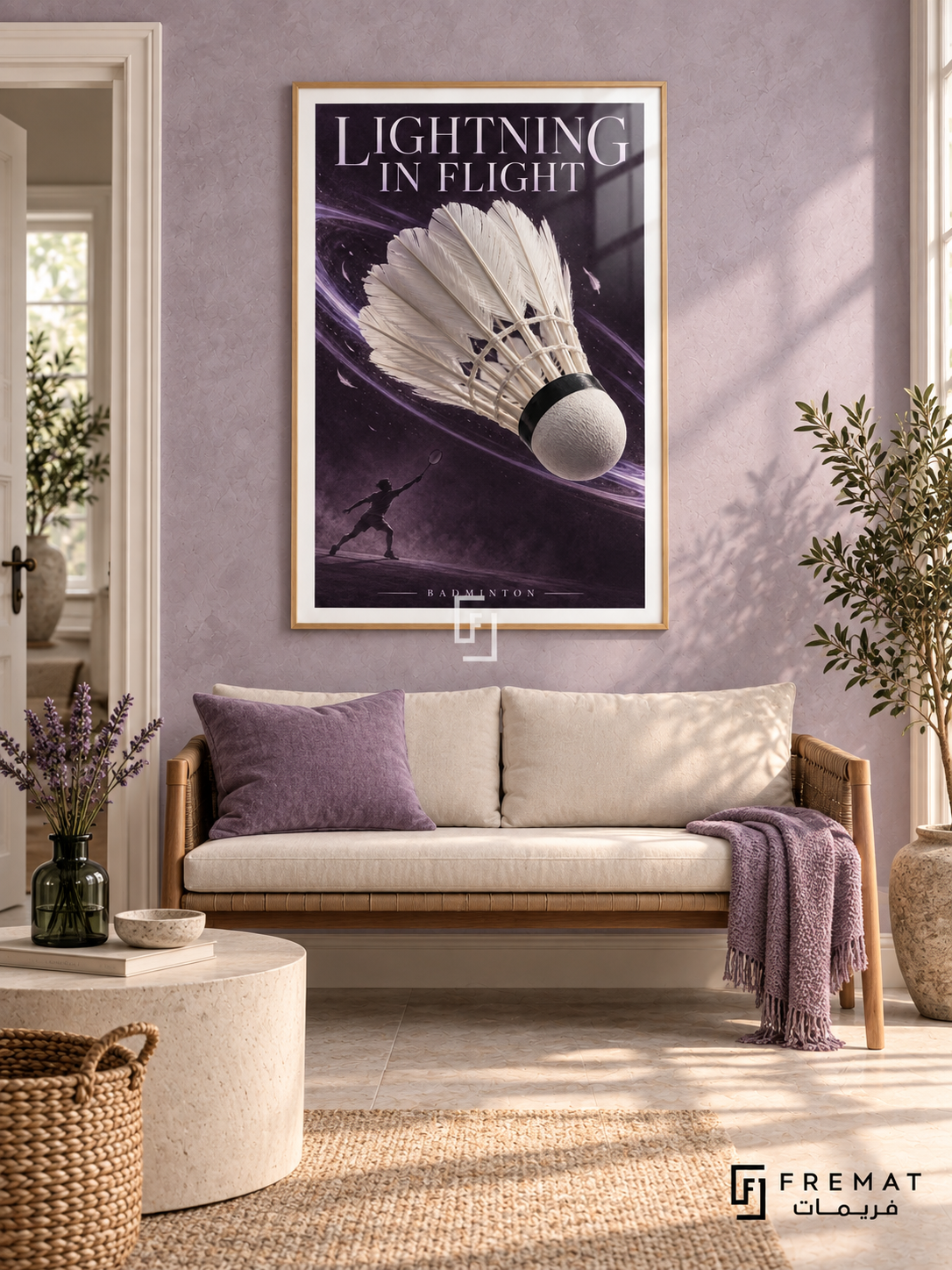 Lightning In Flight: A large white shuttlecock crosses a plum field with lavender motion ribbons and a small racket-player figure. Wooden Texture frame with a white printed border, displayed in a styled room.