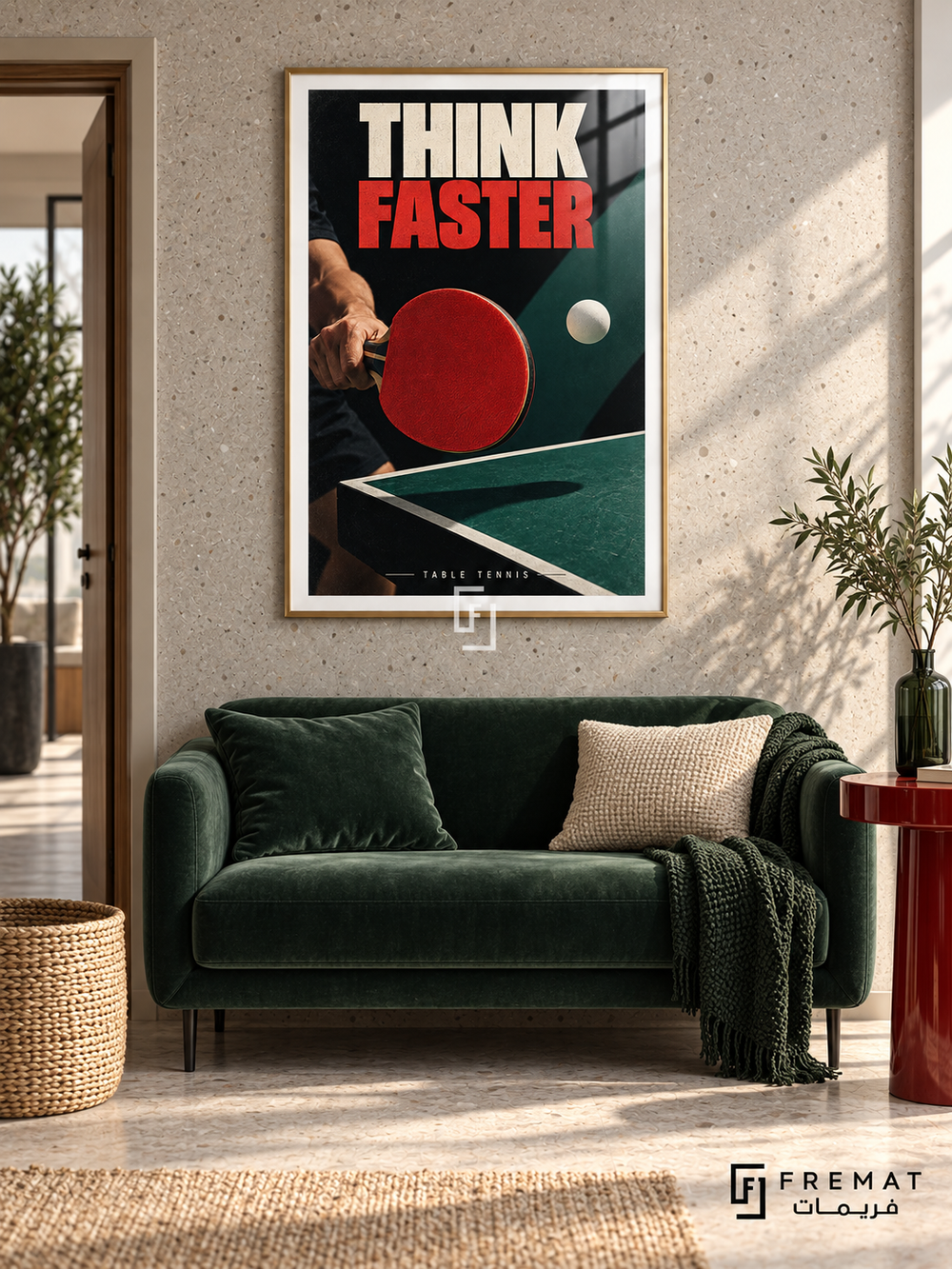 Think Faster: A red table-tennis paddle and white ball meet a green table corner in a sharply lit geometric still life. Gold frame with a white printed border, displayed in a styled room.