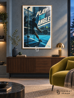 Play The Angle: A padel player and perforated racket appear among blue court geometry, glass reflections and a bright yellow ball. Gold frame with a white printed border, displayed in a styled room.